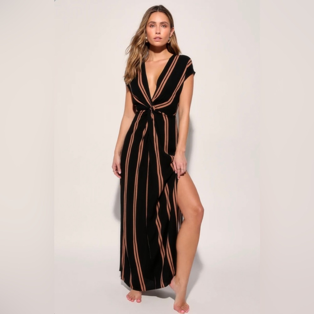 Lulus Coastal Grooves Black and Brown Striped Swim Cover-Up